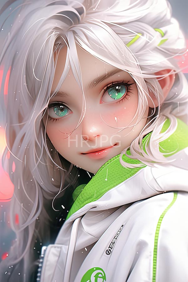 High Resolution: Young anime-style girl pale skin large green eyes long wavy white hair She wears white and green hoodie subtle green download. | HRJPG.com