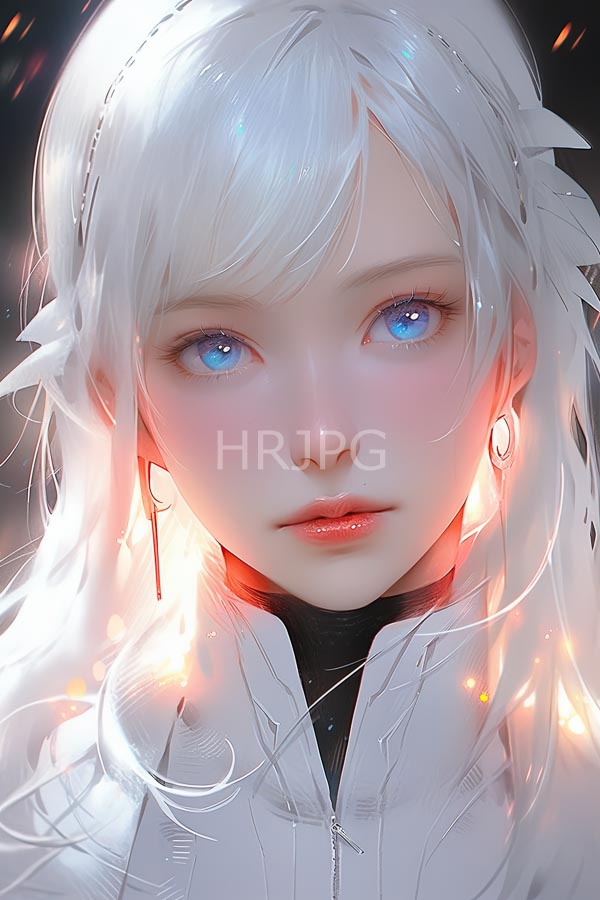 High Resolution: Young ethereal woman long white hair blue eyes fair skin She wears white high-collared garment and silver earring download. | HRJPG.com