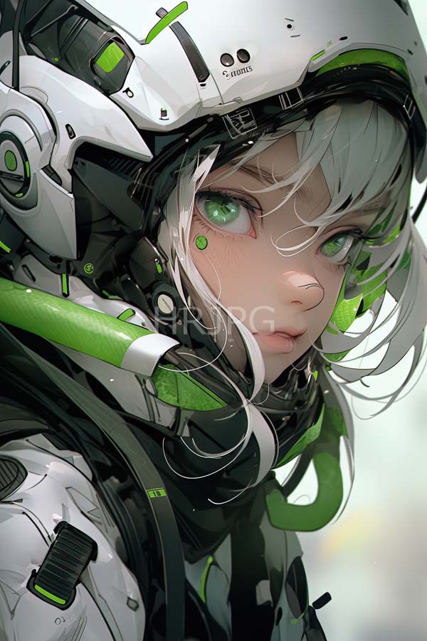 High Resolution: Young pale-skinned anime girl white hair green eyes wearing futuristic white and black cybernetic helmet green accents download. | HRJPG.com
