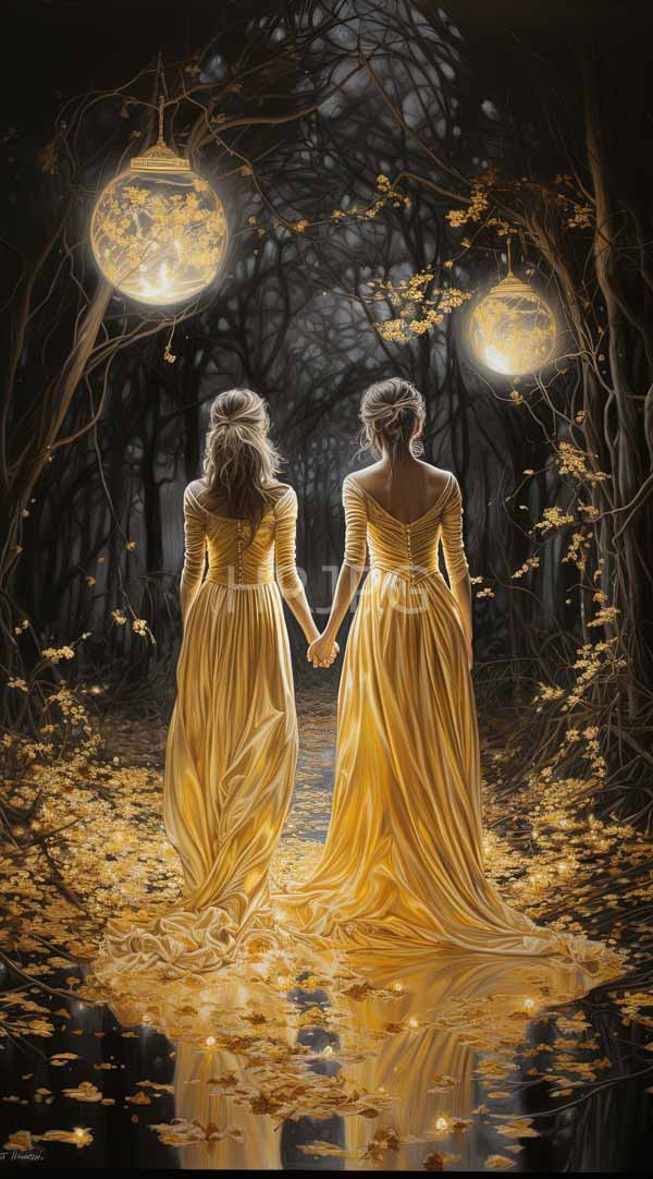 High Resolution: Two women long wavy blonde hair wearing golden floor-length gowns holding hands they walk through dark enchanted forest download. | HRJPG.com