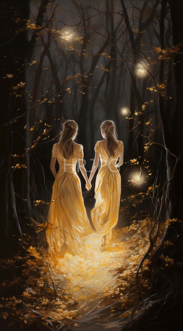 High Resolution: Two women long wavy hair wearing flowing golden-yellow dresses holding hands they walk through dark enchanted forest download. | HRJPG.com