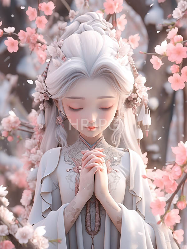 High Resolution: Serene fair-skinned white-haired anime-style girl closed eyes wearing ornate white floral-patterned robe intricate hair ornaments download. | HRJPG.com