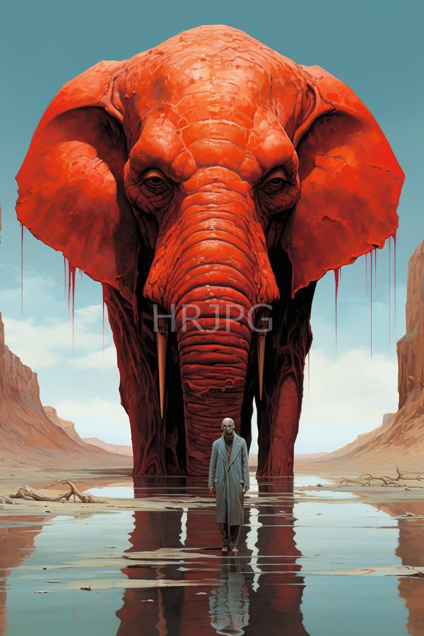 High Resolution: Surreal tall elderly man long gray coat stands front massive red melting elephant dripping textures set against desert landscape download. | HRJPG.com