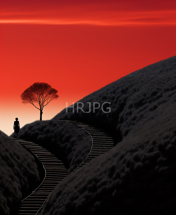 High Resolution: Silhouetted figure curved staircase ascending grassy hill solitary tree left sky transitions deep red top lighter hue download. | HRJPG.com