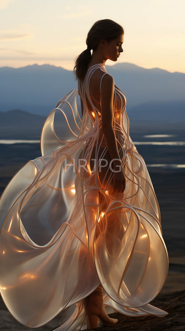 High Resolution: Slender dark-skinned woman long brown hair side ponytail standing profile against sunset-lit mountainous landscape She wears translucent flowing orange-tinged download. | HRJPG.com