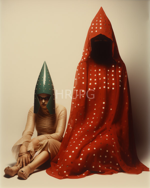 High Resolution: Two figures seated against plain beige left figure light brown skin wears green cone-shaped helmet adorned white dots beige download. | HRJPG.com