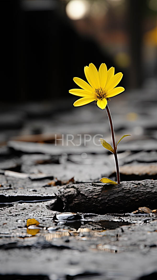 High Resolution: Single vibrant yellow daisy slender brown stem small green leaves standing tall amidst cracked wet reflective asphalt surface download. | HRJPG.com