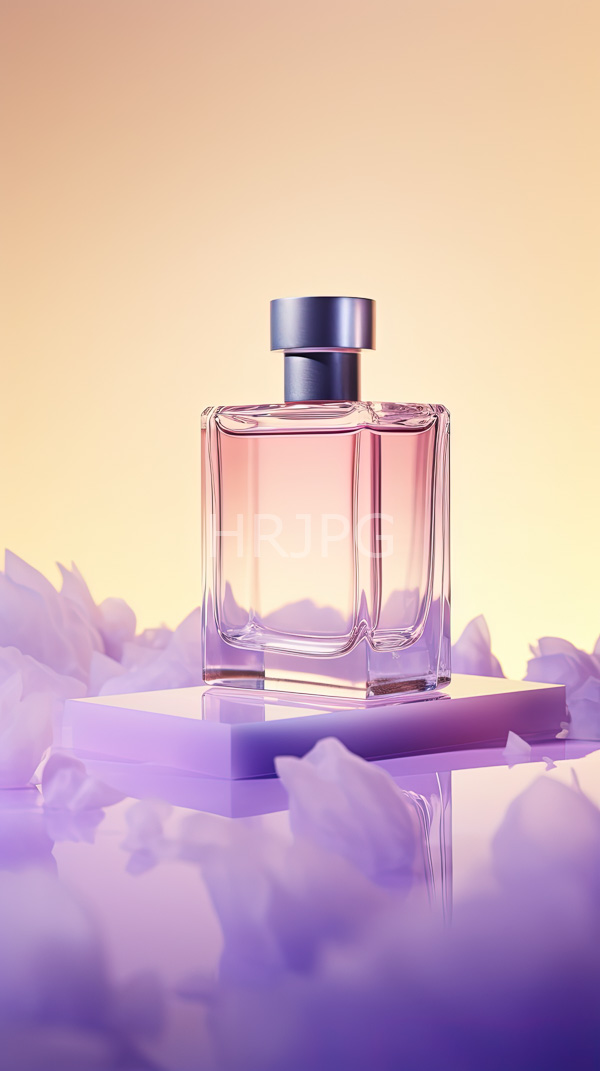 High Resolution: Clear rectangular perfume bottle pinkish hue topped sleek metallic blue cap bottle centered reflective purple-tinted surface surrounded soft pastel download. | HRJPG.com