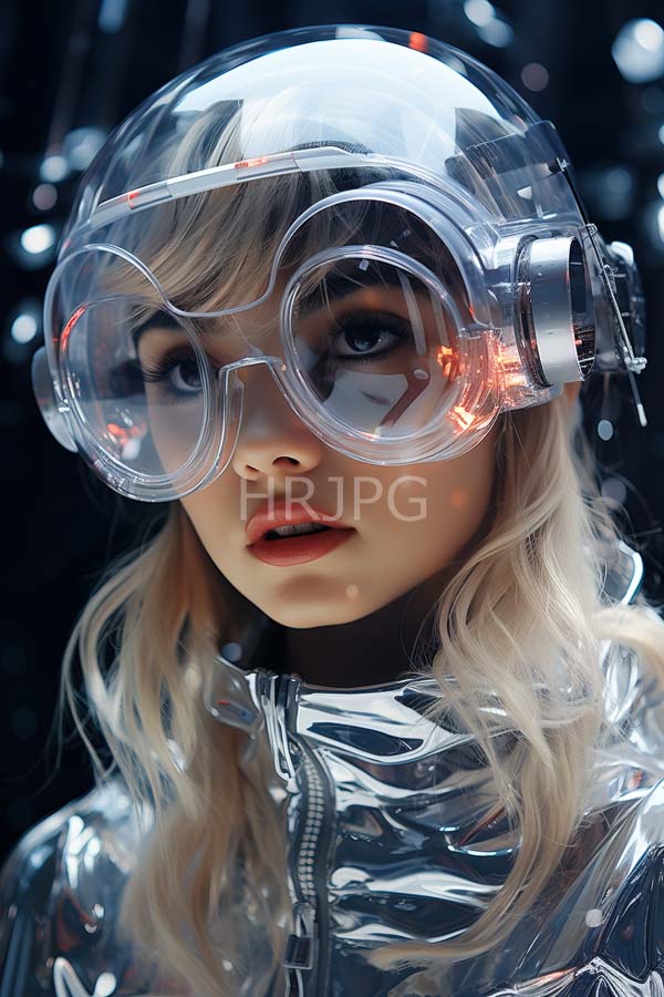 High Resolution: Young woman fair skin blonde hair wearing transparent plastic helmet large round clear goggles She has blue eyes red lips download. | HRJPG.com