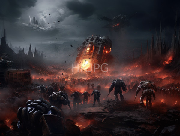 High Resolution: Dark fantasy war-torn fiery landscape group armored humanoid warriors facing glowing damaged skyscraper emitting orange light download. | HRJPG.com