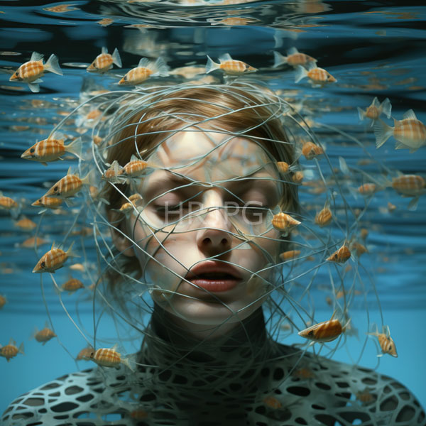 High Resolution: Pale-skinned woman closed eyes parted lips submerged underwater She wears white net-like top Small orange fish translucent bodies surround download. | HRJPG.com