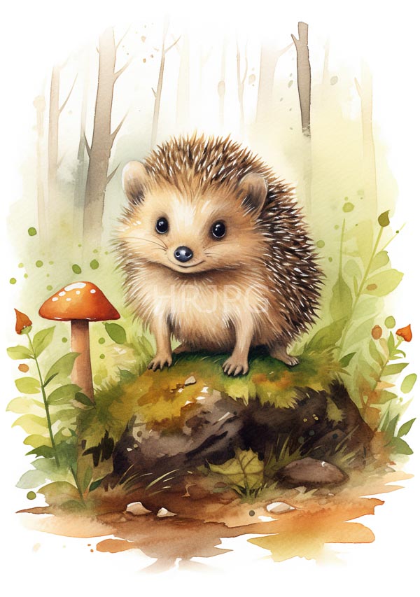High Resolution: Whimsical watercolor fluffy baby hedgehog large dark eyes standing moss-covered rock forest hedgehog has soft beige and brown fur download. | HRJPG.com