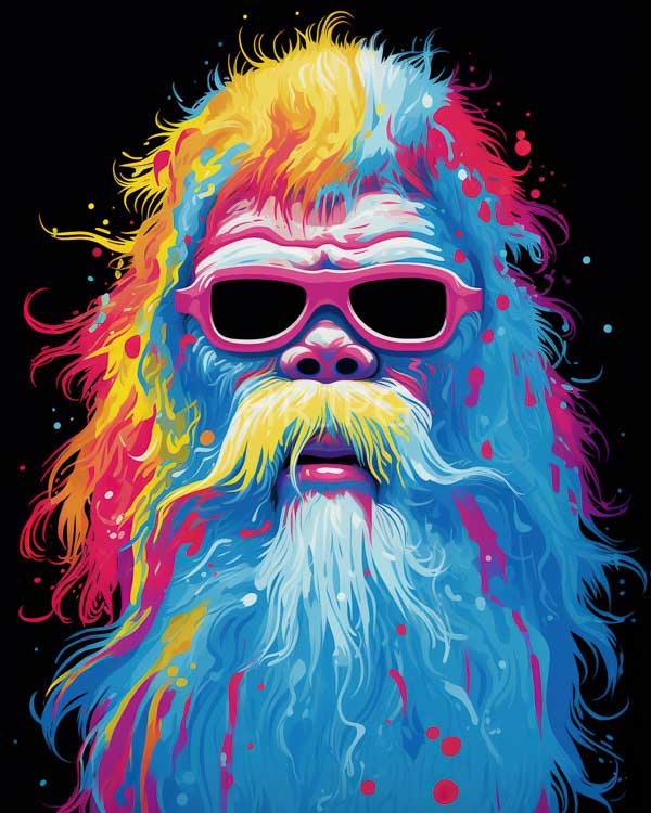 High Resolution: Bearded man vibrant multicolored fur shades blue yellow pink and red He wears black oversized sunglasses and has long download. | HRJPG.com