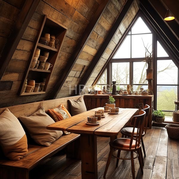 High Resolution: Rustic wooden attic room triangular window wooden bench beige and orange pillows sits against left wall next wooden table download. | HRJPG.com