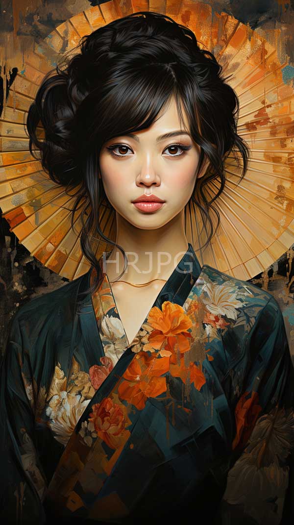 High Resolution: East Asian woman fair skin black wavy hair elaborate updo wears dark green kimono adorned orange and white floral download. | HRJPG.com