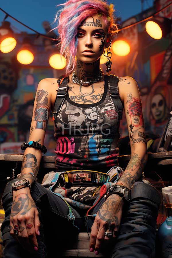 High Resolution: Heavily tattooed punk-style woman vibrant pink blue and yellow mohawk hair wearing black tank top skull colorful graphic designs download. | HRJPG.com