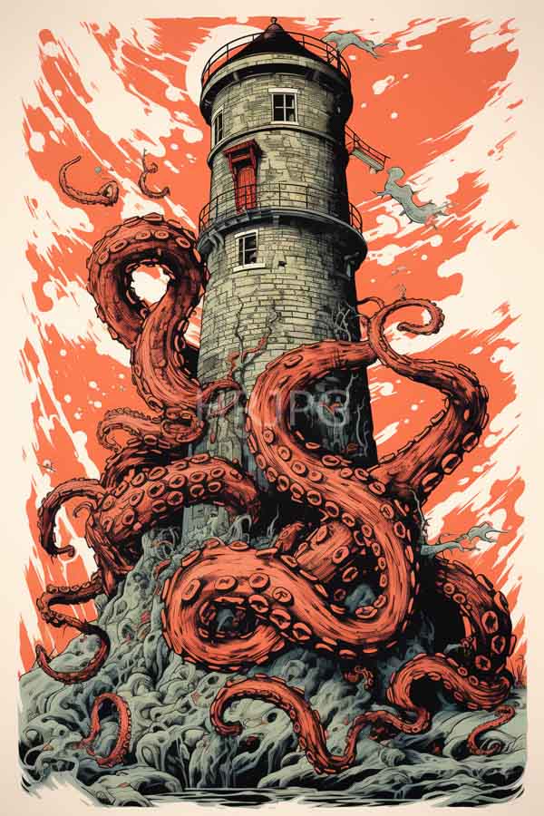 High Resolution: Stone lighthouse red roof surrounded large red tentacled octopuses lighthouse stands rocky wave-swept base features vibrant orange brushstroke download. | HRJPG.com