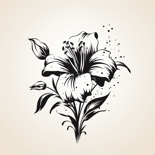 High Resolution: Black and white detailed lily flower large textured petals prominent stamens two bud-like structures left flower intricate line download. | HRJPG.com
