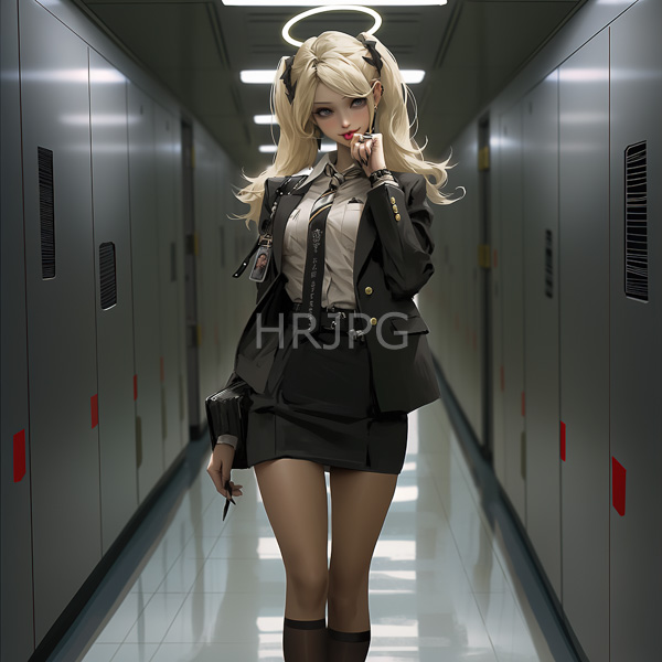 High Resolution: Blonde anime-style woman twin ponytails wearing black military-style jacket white shirt black tie short skirt She has halo above download. | HRJPG.com
