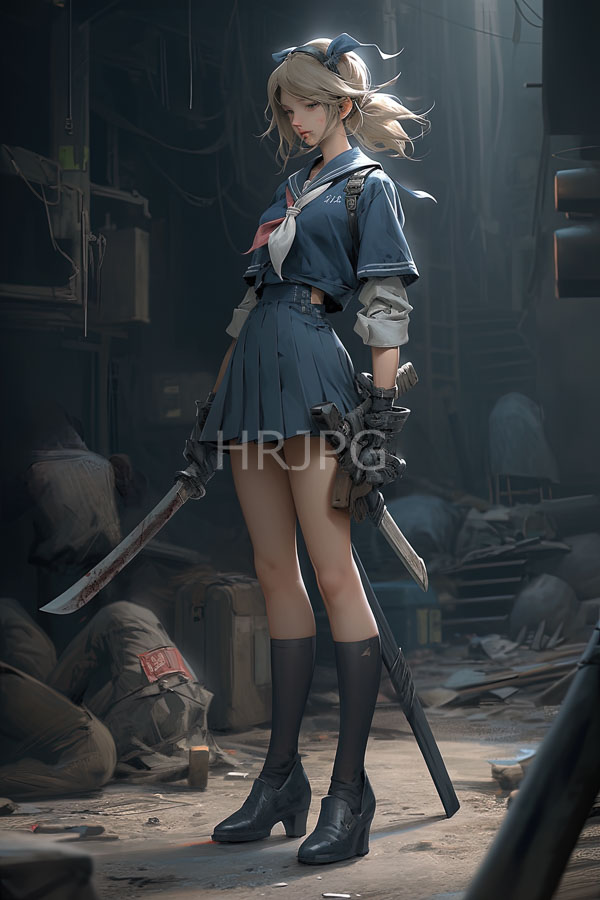 High Resolution: Blonde blue-eyed anime-style woman navy sailor uniform pleated skirt black knee-high socks black heels She holds blood-stained katana download. | HRJPG.com