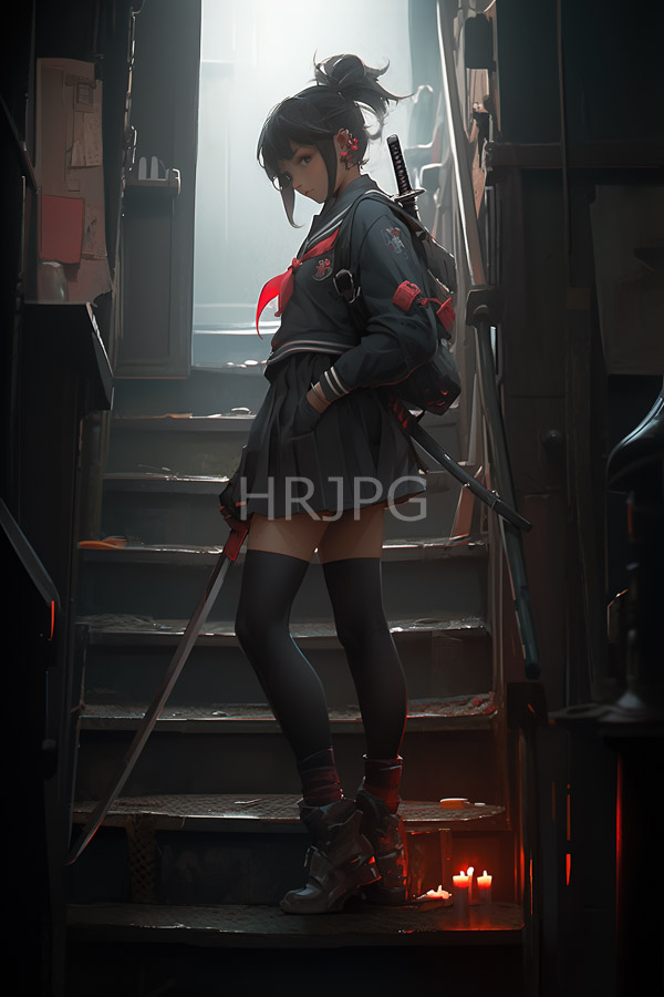 High Resolution: Young Asian woman black hair ponytail wearing dark gray school uniform red accents black thigh-high socks brown boots download. | HRJPG.com