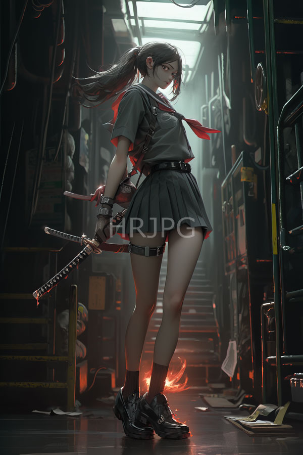 High Resolution: Young slender anime girl long brown hair ponytail wearing grey sailor uniform red necktie black pleated skirt black socks download. | HRJPG.com