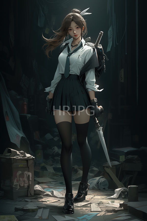 High Resolution: Young woman long brown hair wearing white shirt black tie pleated skirt thigh-high stockings holds sword stands cluttered dimly-lit download. | HRJPG.com