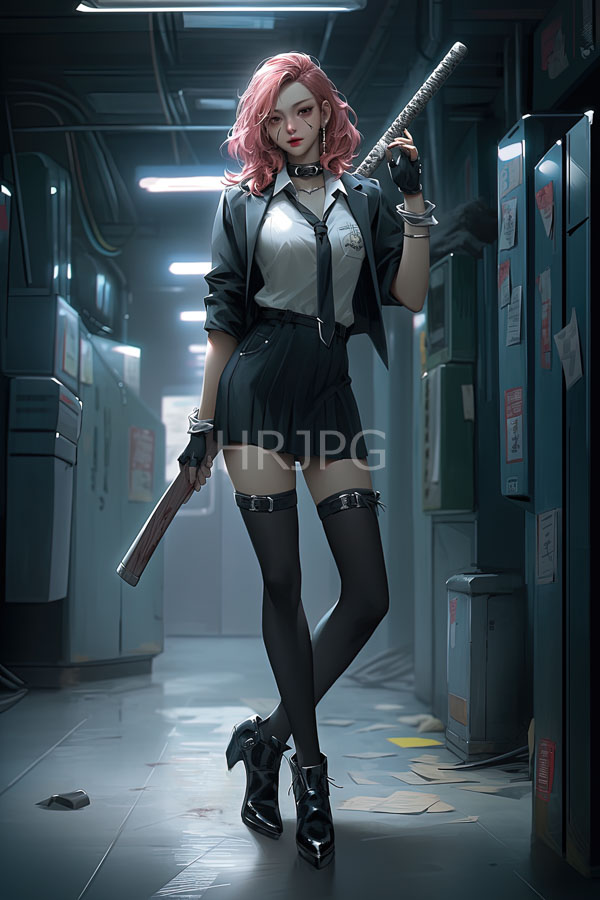 High Resolution: Pink-haired woman futuristic dimly-lit corridor She wears black jacket white blouse black tie pleated skirt thigh-high stockings garter download. | HRJPG.com