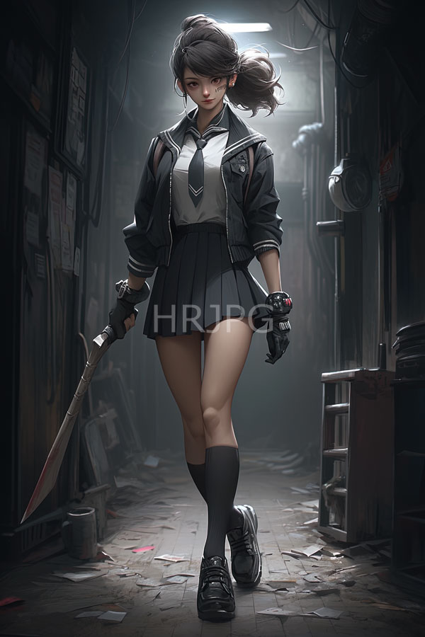 High Resolution: Young woman light skin dark hair ponytail wearing black leather jacket white shirt black tie pleated skirt knee-high socks download. | HRJPG.com