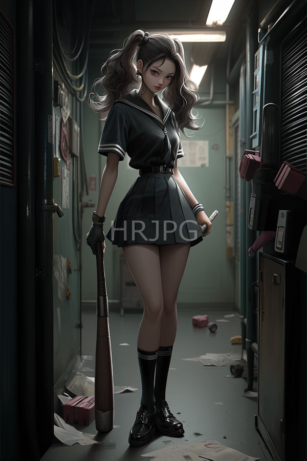 High Resolution: Young woman wavy brown hair pigtails wearing black sailor-style school uniform pleated skirt black gloves black shoes download. | HRJPG.com