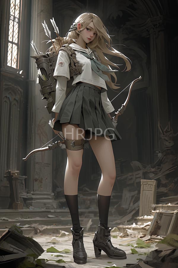 High Resolution: Blonde anime-style girl long hair wearing white sailor top green pleated skirt black knee-high socks brown ankle boots download. | HRJPG.com
