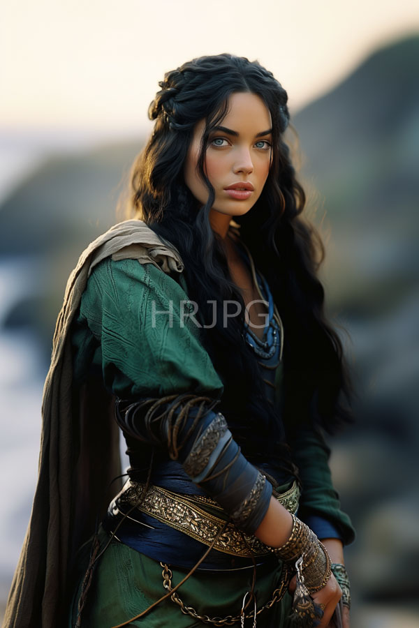 High Resolution: Young woman long wavy black hair braided crown wearing green textured tunic blue underlayer brown cloak draped her shoulder download. | HRJPG.com