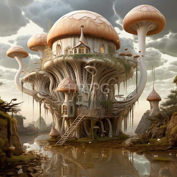 High Resolution: Surreal giant mushroom-shaped house multiple large pinkish-orange caps house intricate organic white and gray textures dangling vines download. | HRJPG.com