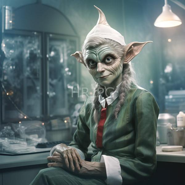High Resolution: Small elderly green-skinned goblin large ears white hair white headscarf wearing green robe red tie sits dimly lit steamp download. | HRJPG.com