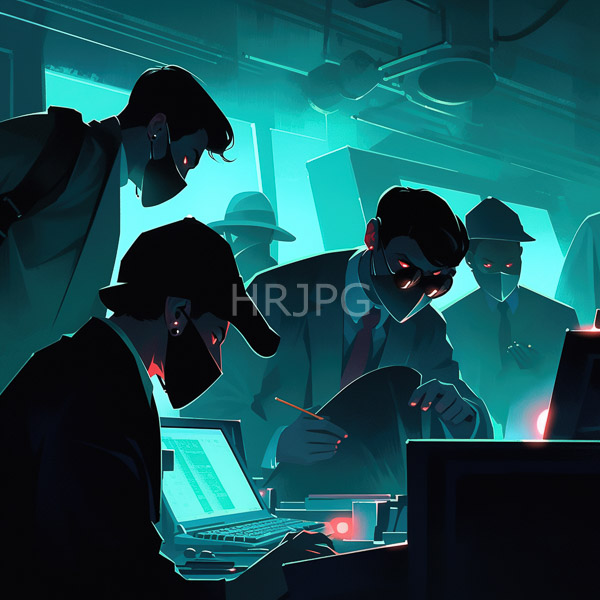 High Resolution: Four men dimly lit cyberpunk-style control room They wear black masks suits and hats glowing red eyes download. | HRJPG.com