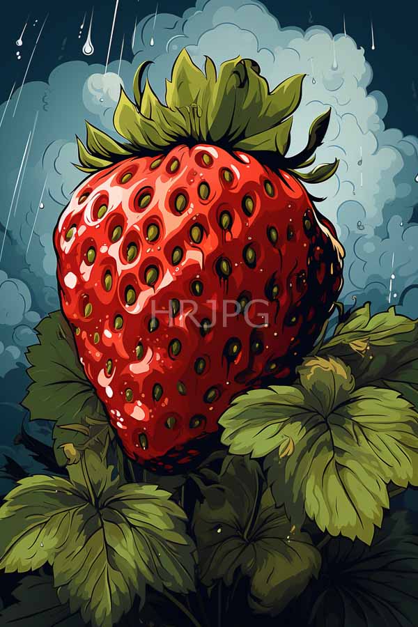 High Resolution: Large vibrant red strawberry green leaves set against dark stormy background raindrops strawberry's surface textured small shiny download. | HRJPG.com