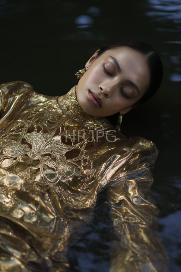 High Resolution: Serene Asian woman closed eyes wearing gold intricately patterned semi-transparent dress floating dark water She has smooth fair skin download. | HRJPG.com