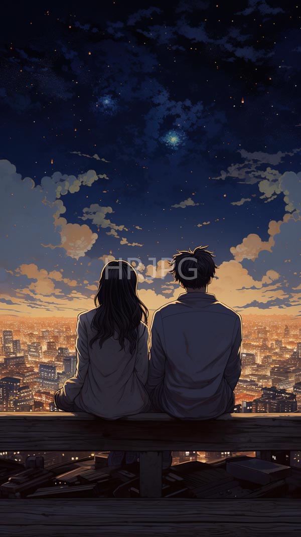 High Resolution: Anime-style couple sitting rooftop night facing cityscape woman long wavy black hair man short dark brown hair wear download. | HRJPG.com