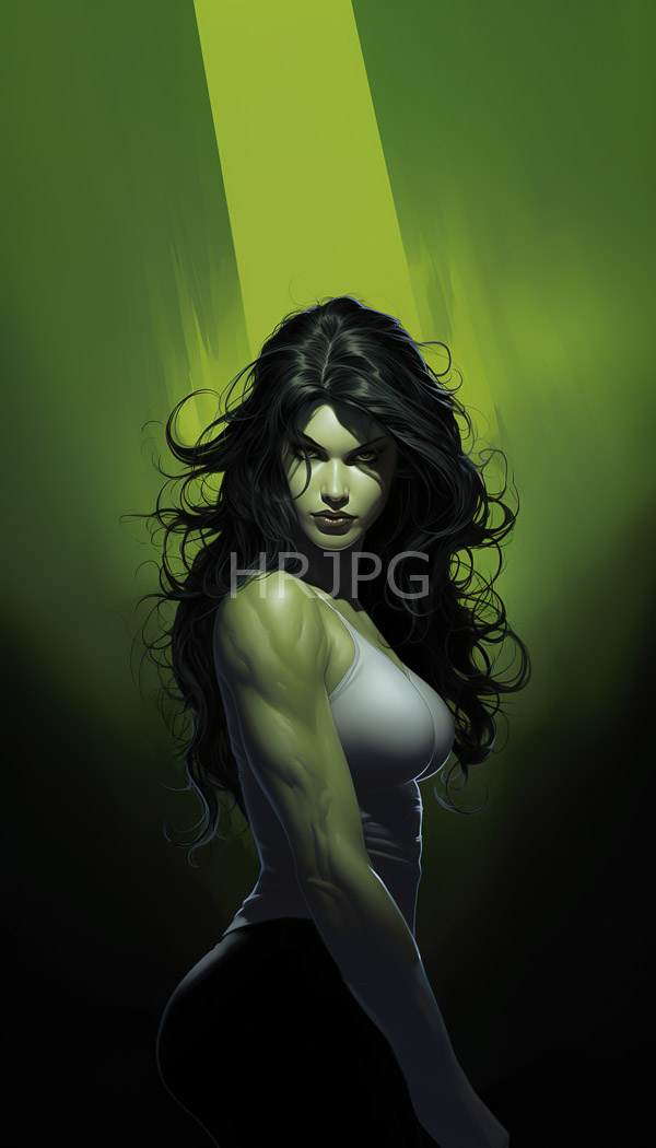 High Resolution: Muscular green-skinned woman long wavy black hair wearing white tank top black pants She stands spotlight green gradient download. | HRJPG.com