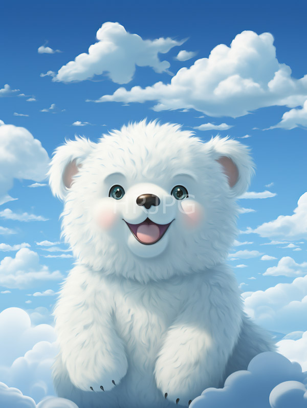 High Resolution: Fluffy adorable white polar bear cub large expressive eyes small black nose joyful open-mouth smile download. | HRJPG.com