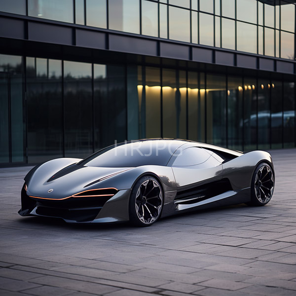 High Resolution: Sleek silver futuristic sports car aerodynamic curves black accents parked modern glass-walled building's paved courtyard dusk download. | HRJPG.com