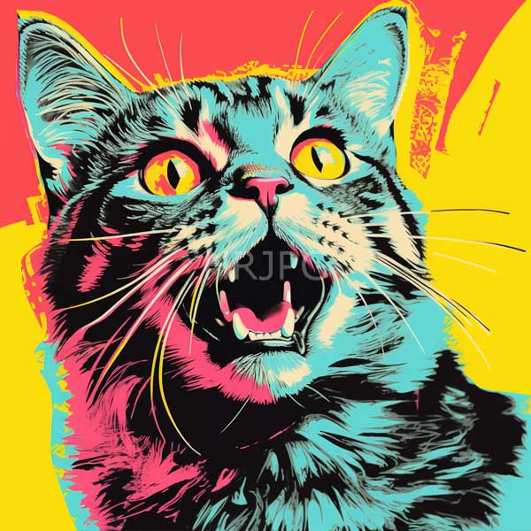 High Resolution: Pop art-style startled black and blue tabby cat wide yellow eyes open mouth showing sharp teeth pink nose download. | HRJPG.com