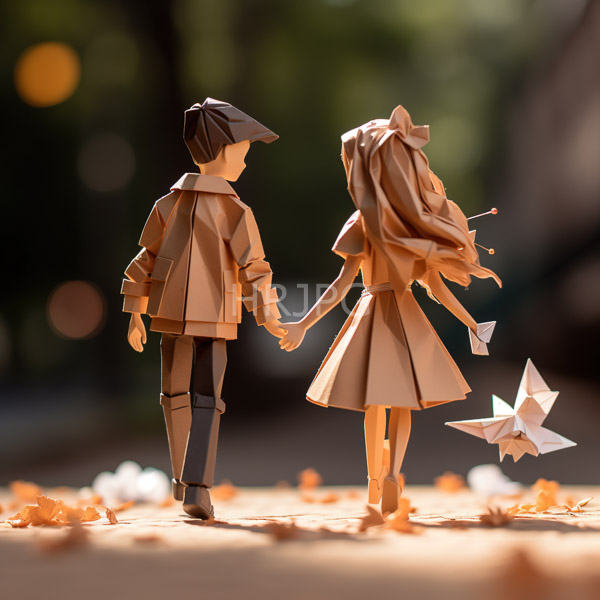 High Resolution: Two paper-cut dolls boy and girl holding hands and walking away sunlit path boy wears brown jacket and black download. | HRJPG.com