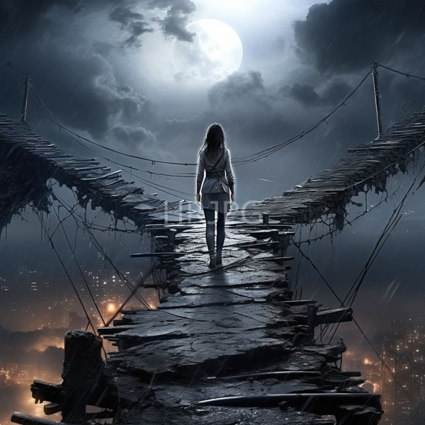 High Resolution: Lone woman long brown hair wearing white blouse gray skirt standing rickety wooden suspension bridge under full moon download. | HRJPG.com