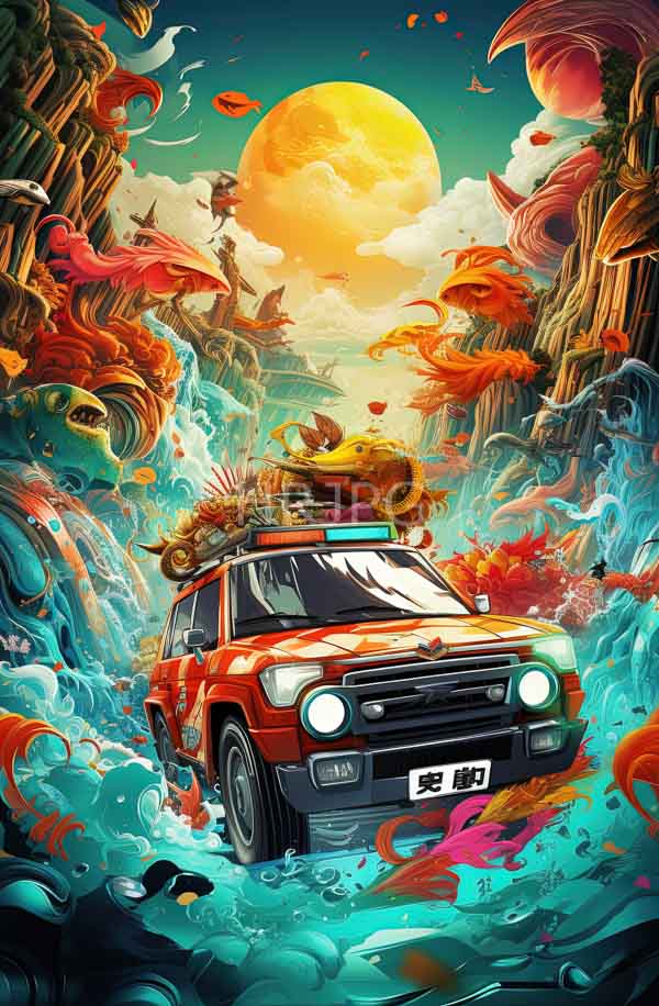 High Resolution: Surreal vibrant red SUV roof rack full colorful fish and plants navigates turbulent turquoise ocean download. | HRJPG.com