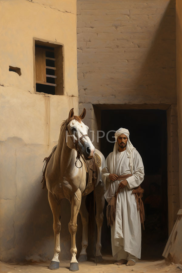 High Resolution: Middle Eastern man dark skin beard wearing white robe headscarf standing beside light brown horse black mane download. | HRJPG.com