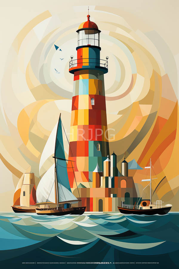 High Resolution: Colorful striped lighthouse red and yellow top surrounded three sailboats white sails lighthouse set against swirling abstract beige download. | HRJPG.com