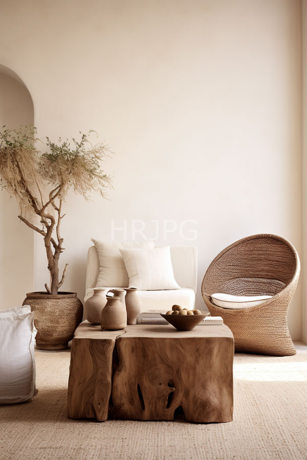 High Resolution: Minimalist beige-toned living room Features rustic wooden coffee table natural irregular shape two beige ceramic vases and bowl download. | HRJPG.com