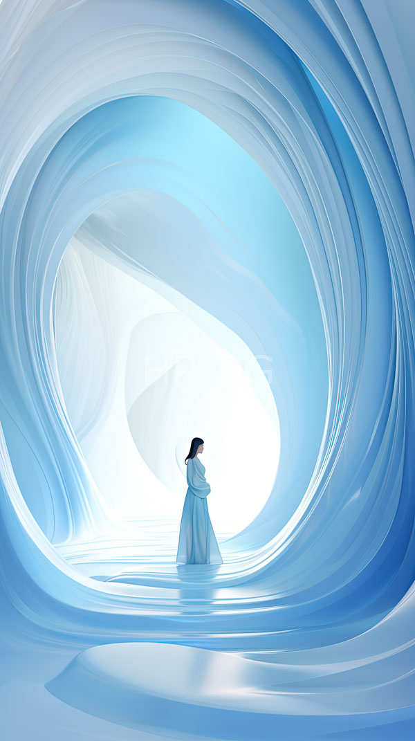 High Resolution: Serene ethereal scene woman long dark hair wearing flowing light blue gown stands center large circular wave-like structure download. | HRJPG.com