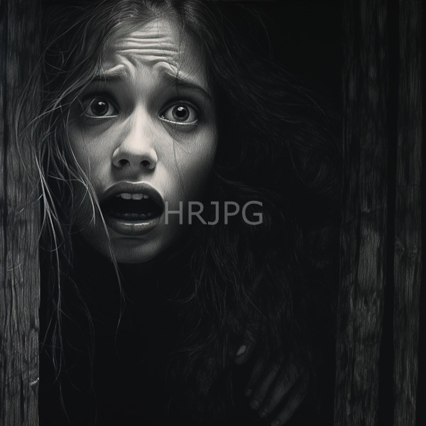 High Resolution: Black-and-white frightened young woman wide eyes open mouth peering through dark wooden doorway Her long messy hair frames download. | HRJPG.com